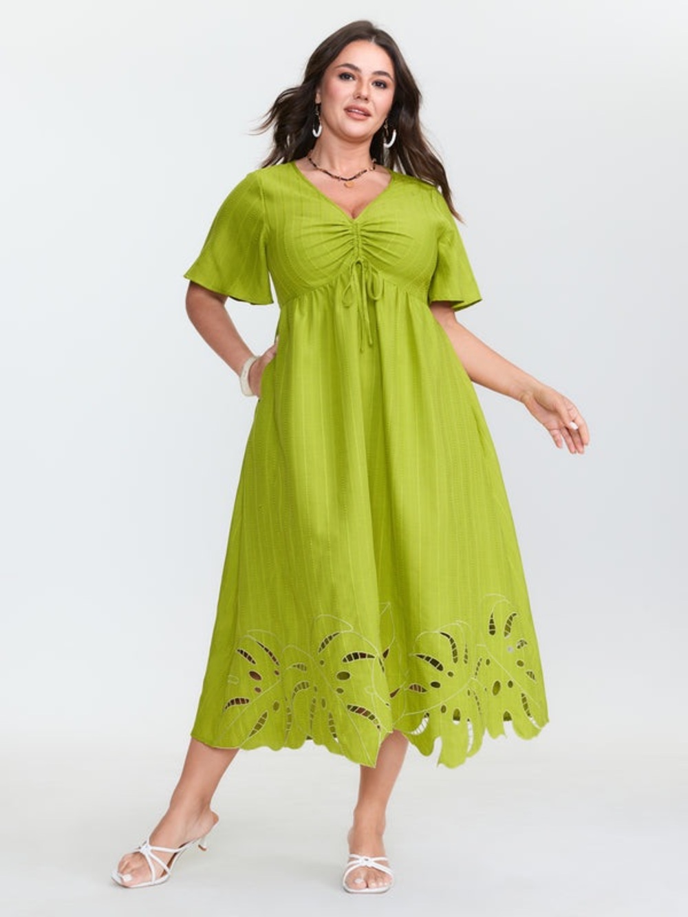 NWT BloomChic Ruched Bodice Embroidered Tropical Leaf Cut Out Midi Dress 18-20